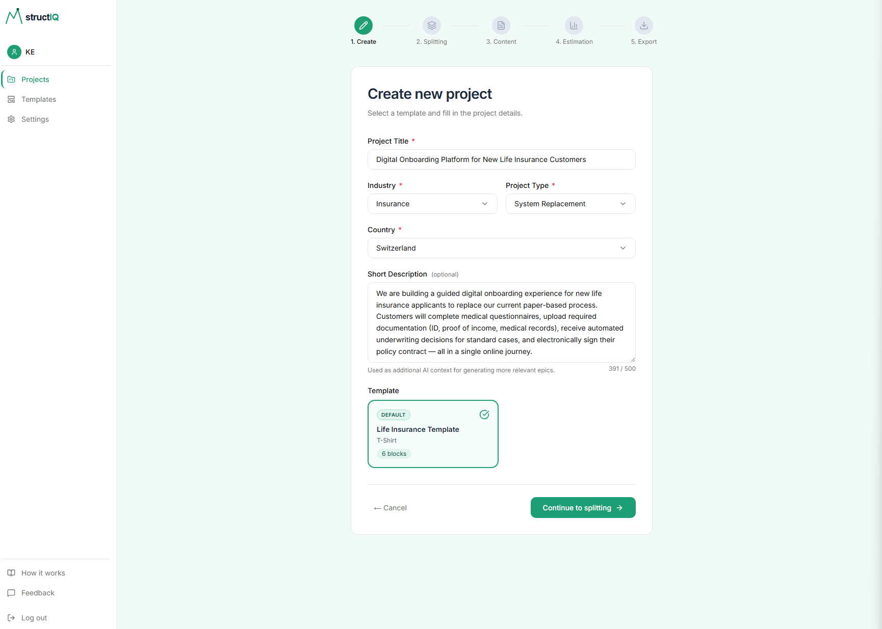structIQ project creation screen with industry, project type, and template selection